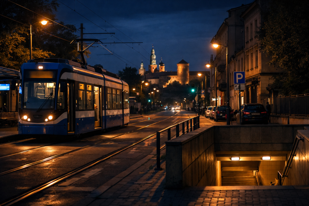 Nocny Kraków z oświetloną ulicą i tramwajem w centrum miasta