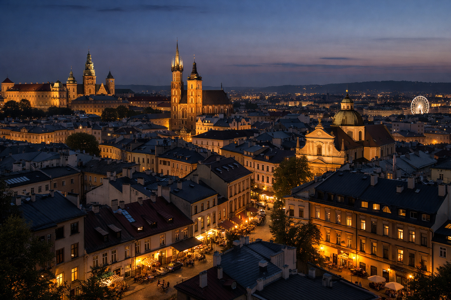 Oświetlone dzielnice Krakowa po zmroku