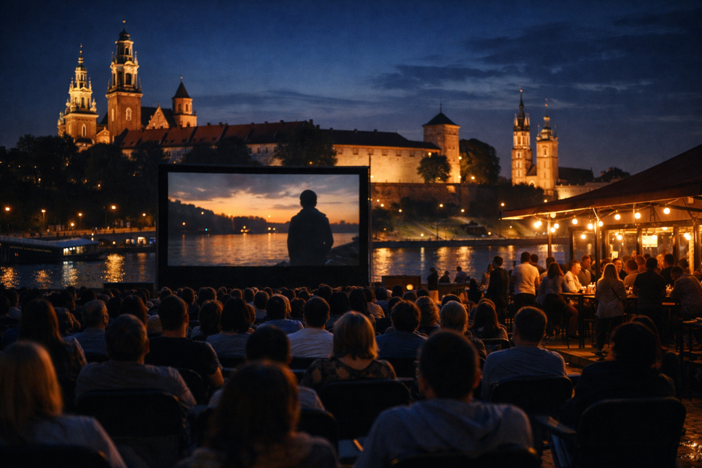 Plenerowy seans filmowy nocą pod Wawelem w Krakowie