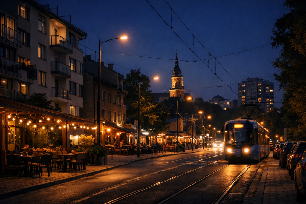 Nocny widok Bronowic z oświetloną ulicą i kameralną zabudową