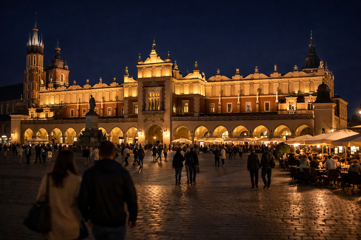 Oświetlony Rynek Główny w Krakowie nocą