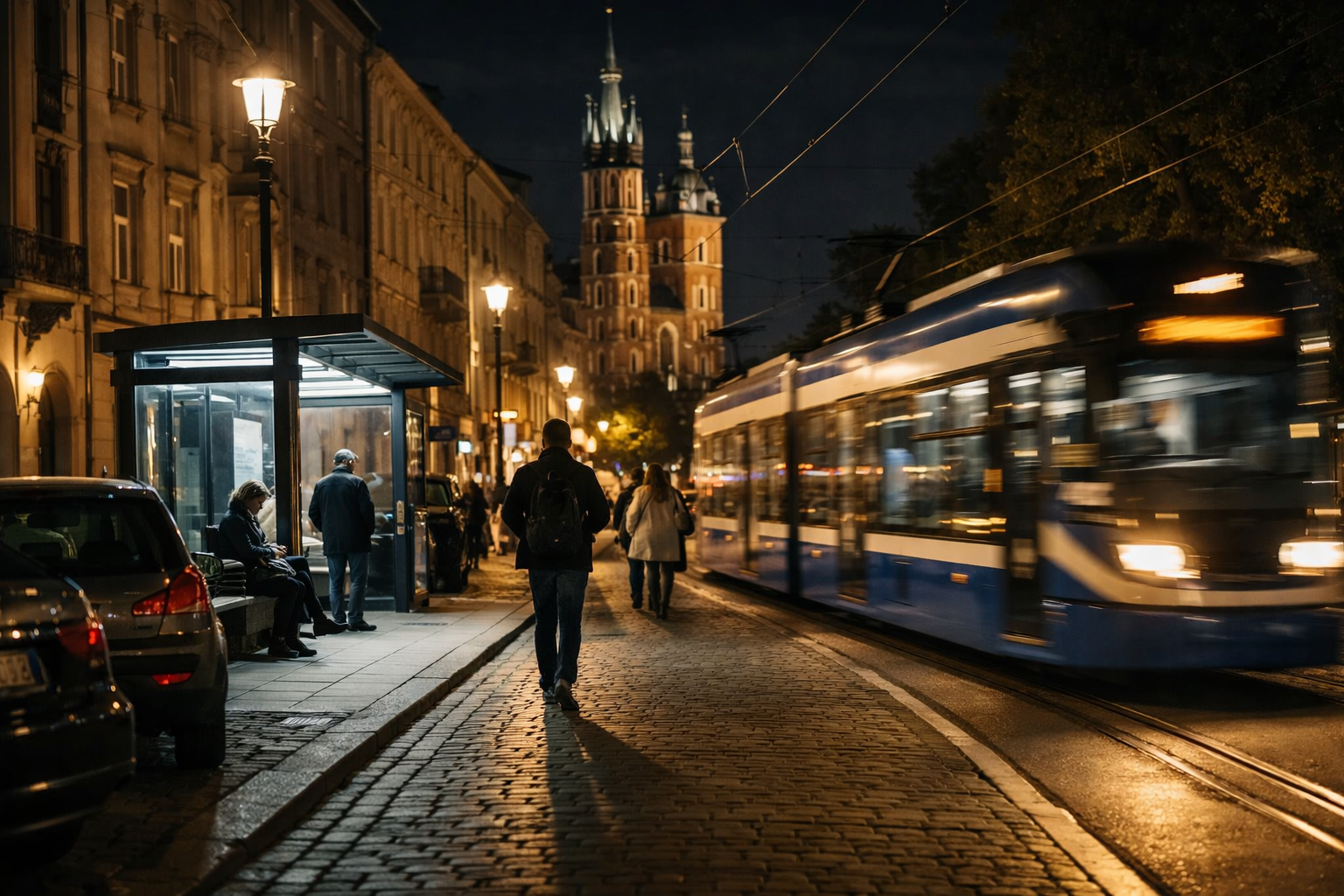 Nocna ulica w Krakowie z tramwajem i parkingiem