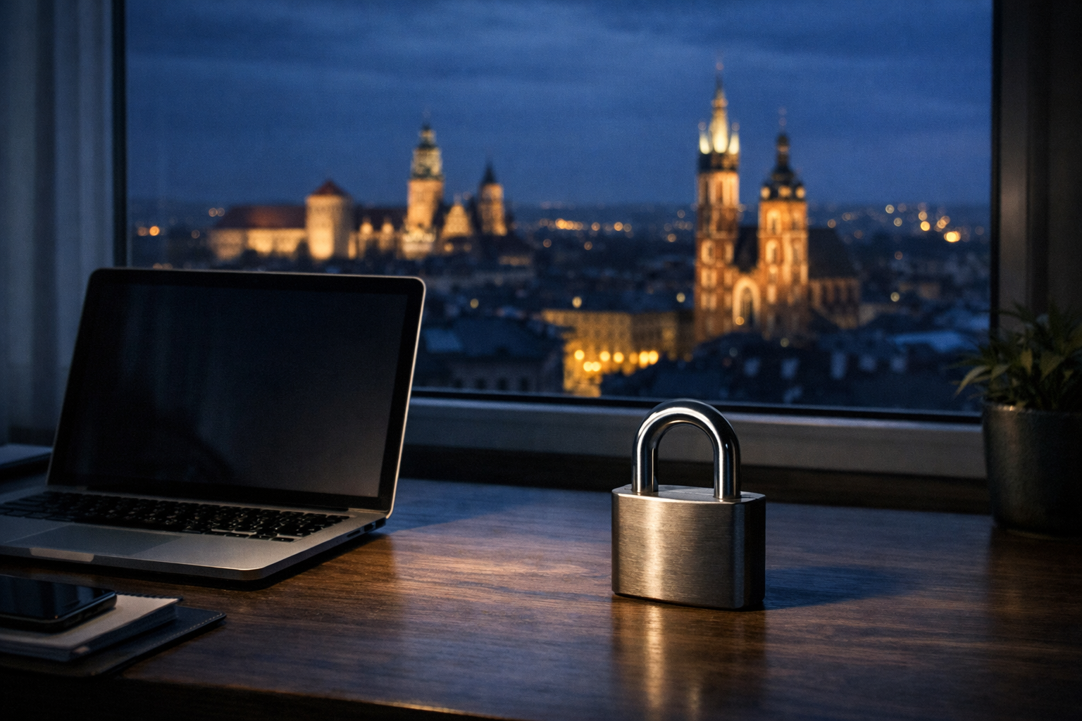 Laptop i kłódka na tle nocnego Krakowa