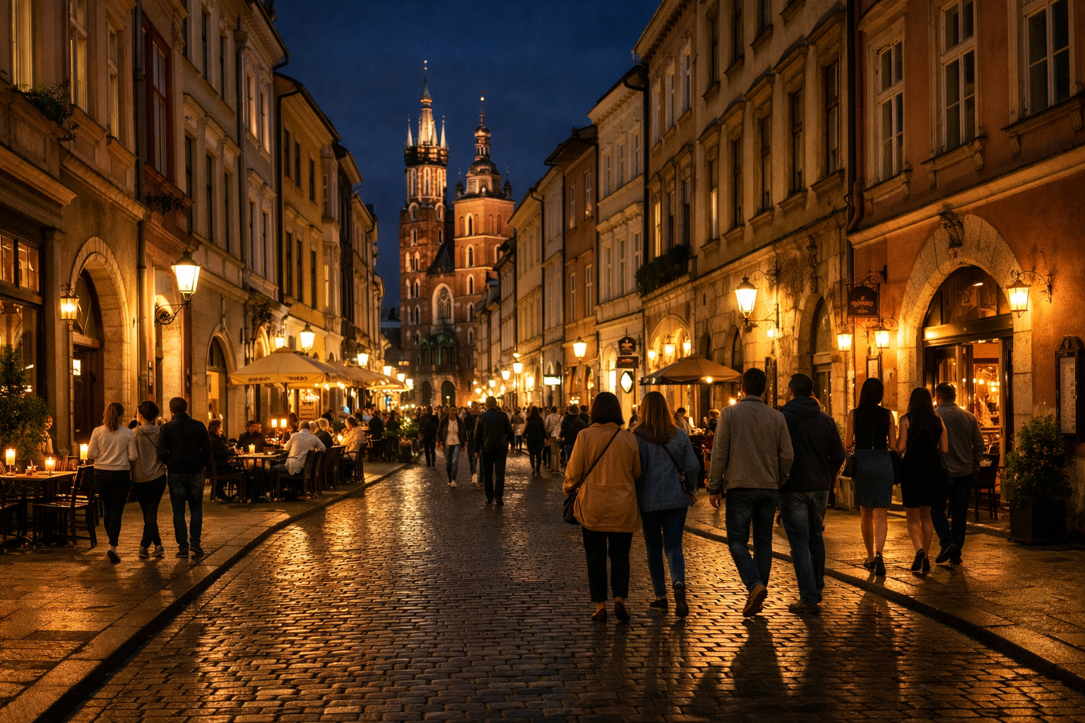 Oświetlone ulice Krakowa po zmroku