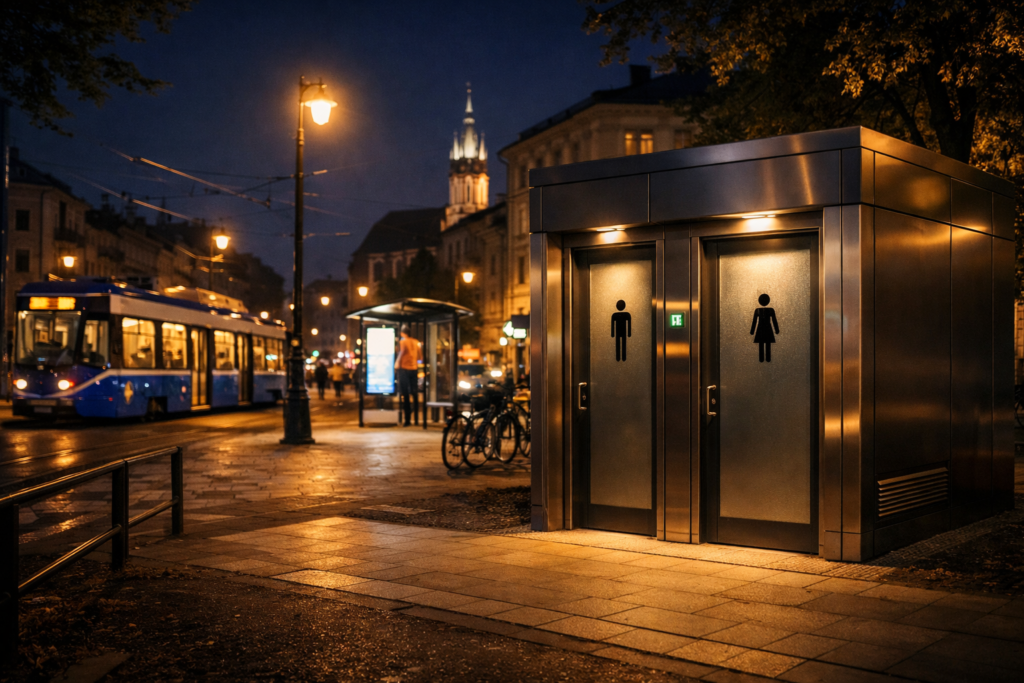 Nocny Kraków i oznaczenie toalety publicznej w centrum
